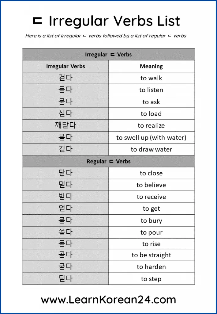 Irregular Verbs List - ㄷ