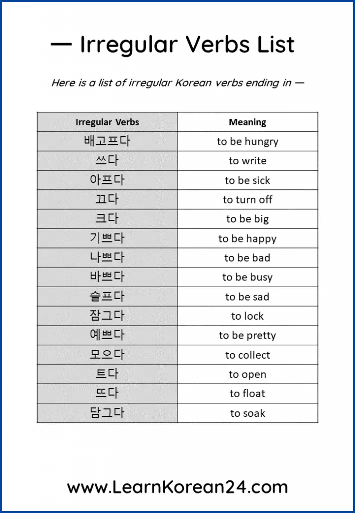 Irregular Verbs List - ㅡ