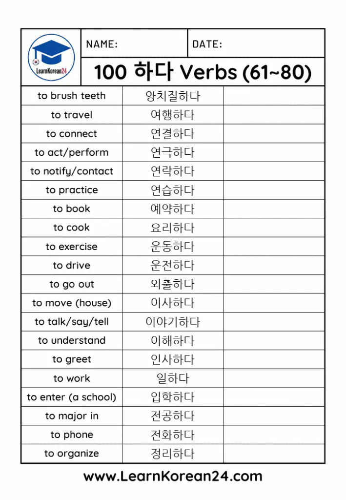 Korean Hada Verbs List