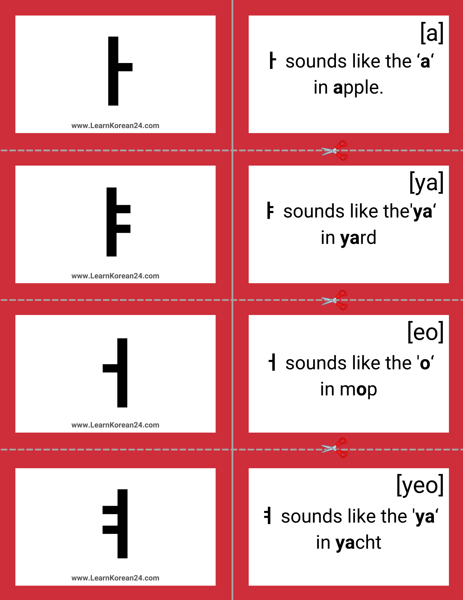 Korean Alphabet Flashcards - Vowels