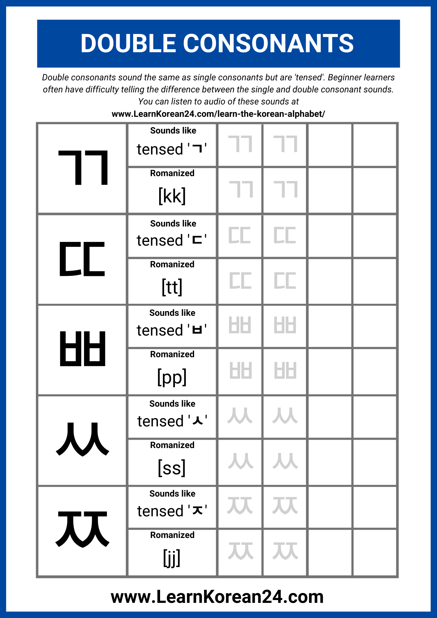 Korean Alphabet Worksheet - Double Consonants